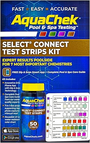 AquaChek Select Connect 7-Way Pool and Spa Test Strips Complete Kit - Pool Test Strips for pH, Total Chlorine, Free Chlorine, Bromine, Alkalinity, Total Hardness, and Cyanuric Acid - (50 Strips)