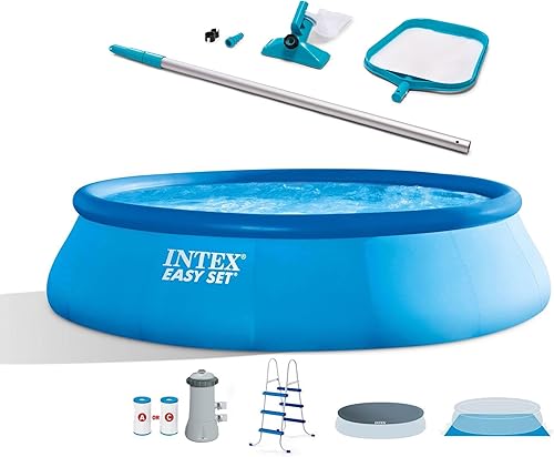 Intex 26165EH 15-Foot x 42-Inch Easy Setup Portable Inflatable Outdoor Above Ground Round Swimming Pool Set with Ladder, Filter Pump, Cover and Cleaning Maintenance Kit with Vacuum Skimmer & Pole