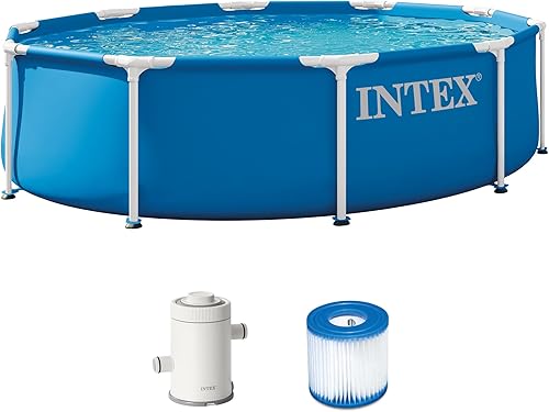INTEX Metal Frame 10 ft x 30 in Above Ground Pool Set, Round Swimming Pool with Steel Frame, 330 GPH Cartridge Filter Pump, and Type H Filter Cartridge