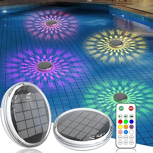 Solar Powered Floating Pool Lights(2 Pack), Pool Lights That Float with Remote Control, 12 Lighting, Timing Mode, IP67 Waterproof for Inground/Above Ground Pool, Pool Party, Bathroom, Bathtub, Garden